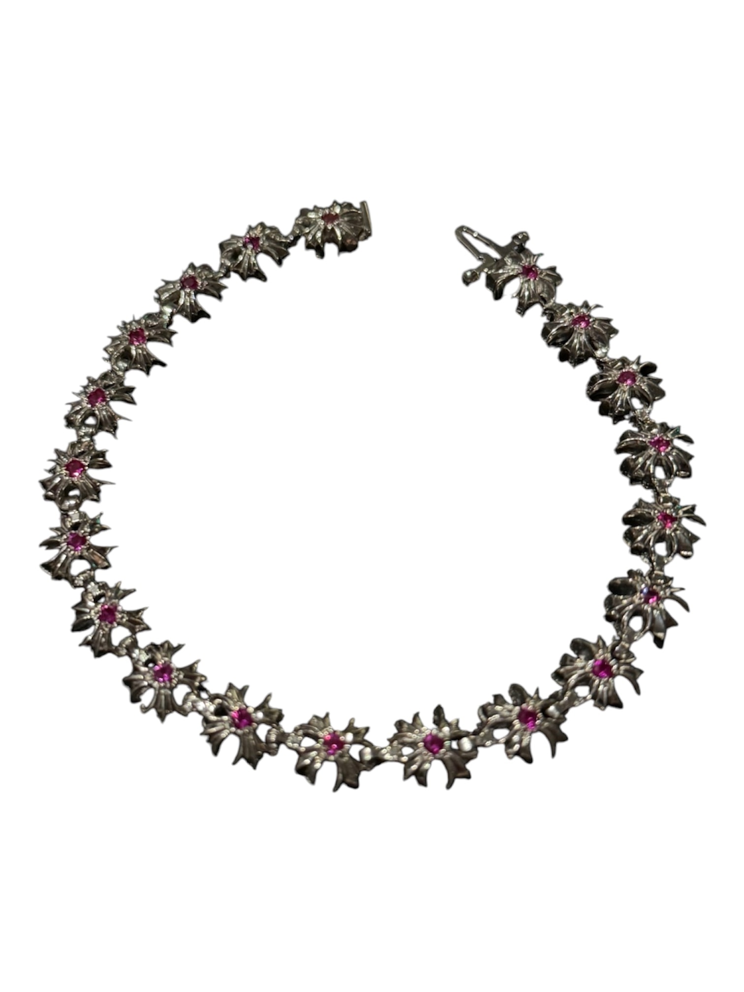 Chrome Hearts 22K White Gold Tiny Plus Pink Saph Link Bracelet